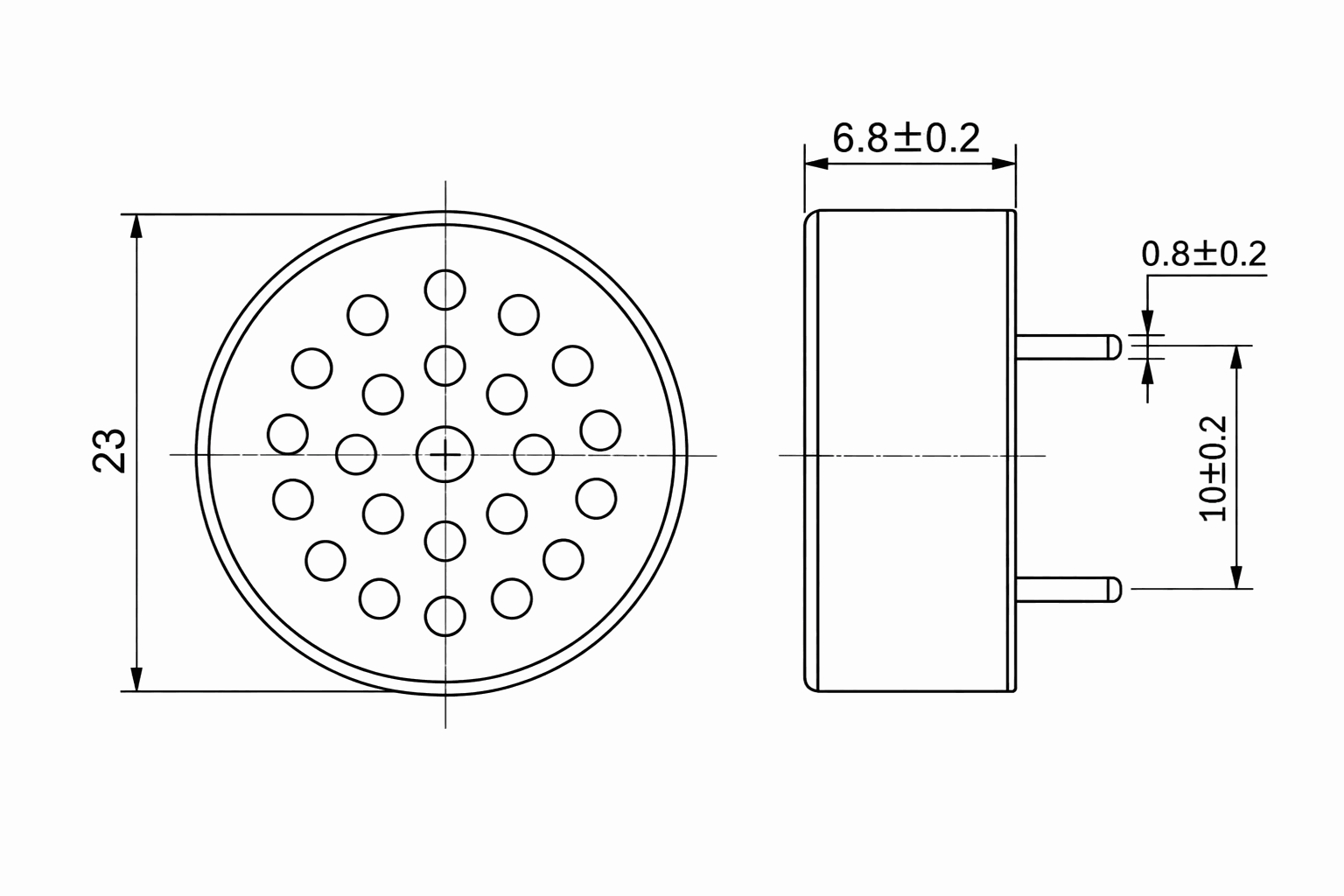 23mm Round BOX Pin-Terminal Dynamic Speaker JC-SPKD23-BOX01-8R0P5W-PIN drawing