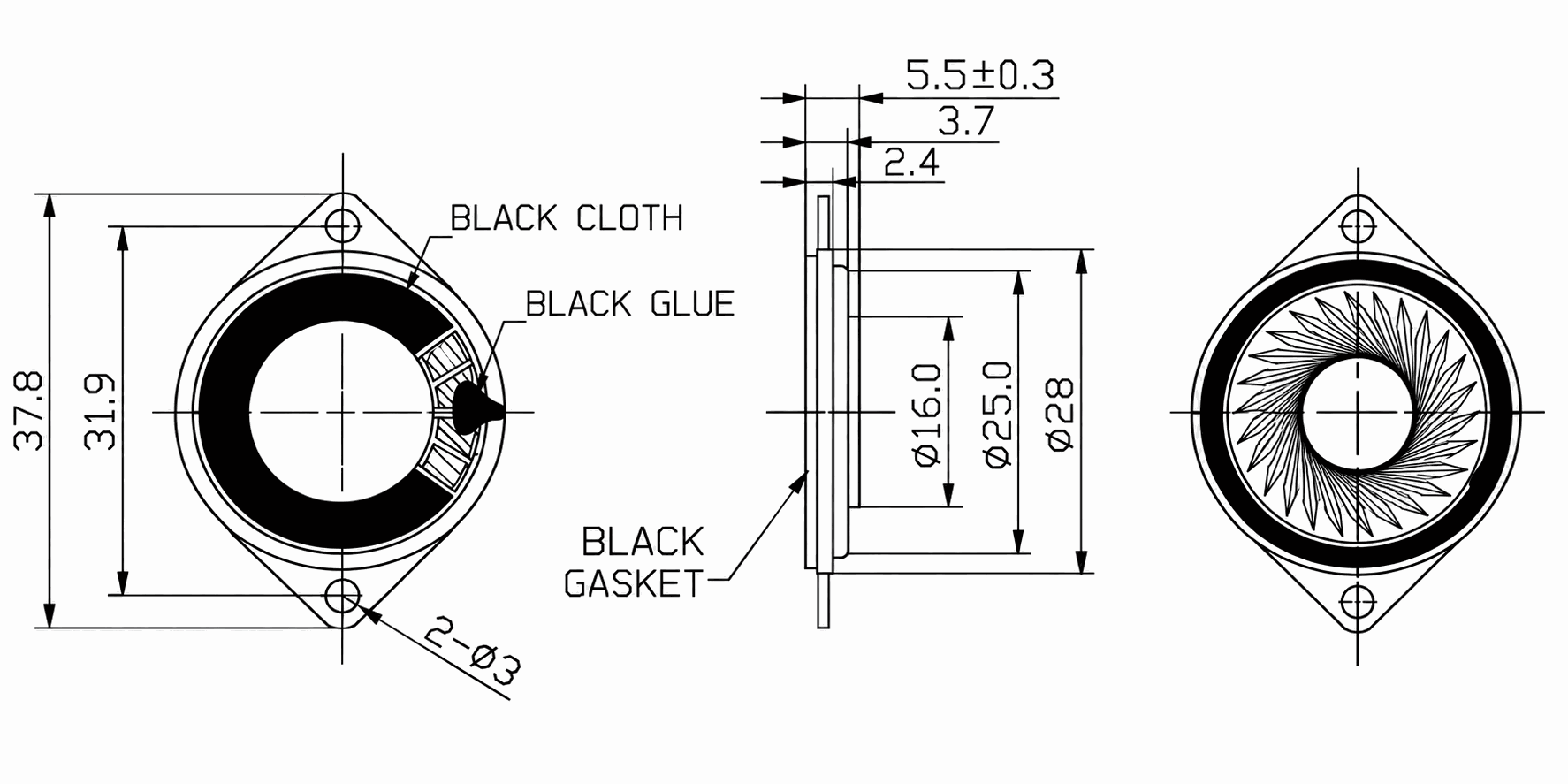 Round Dynamic Speaker JC-SPKD28-MF01-8R1W-WP drawing