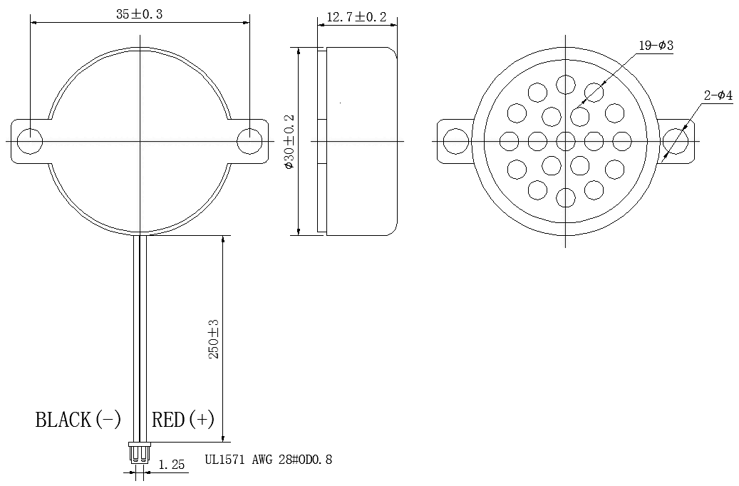 30mm Round BOX Speaker with Mounting Holes & Lead Wires JC-SPKD30-BOX01-8R1W-W drawing