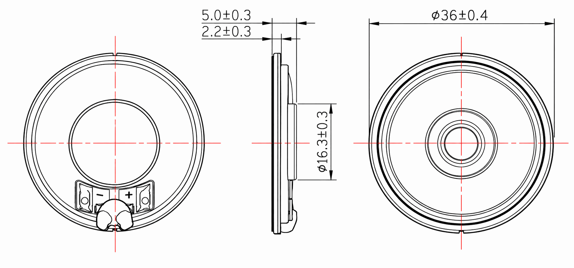 Ø36 Round Dynamic Speaker JC-SPKD36-MF01-16R1W drawing