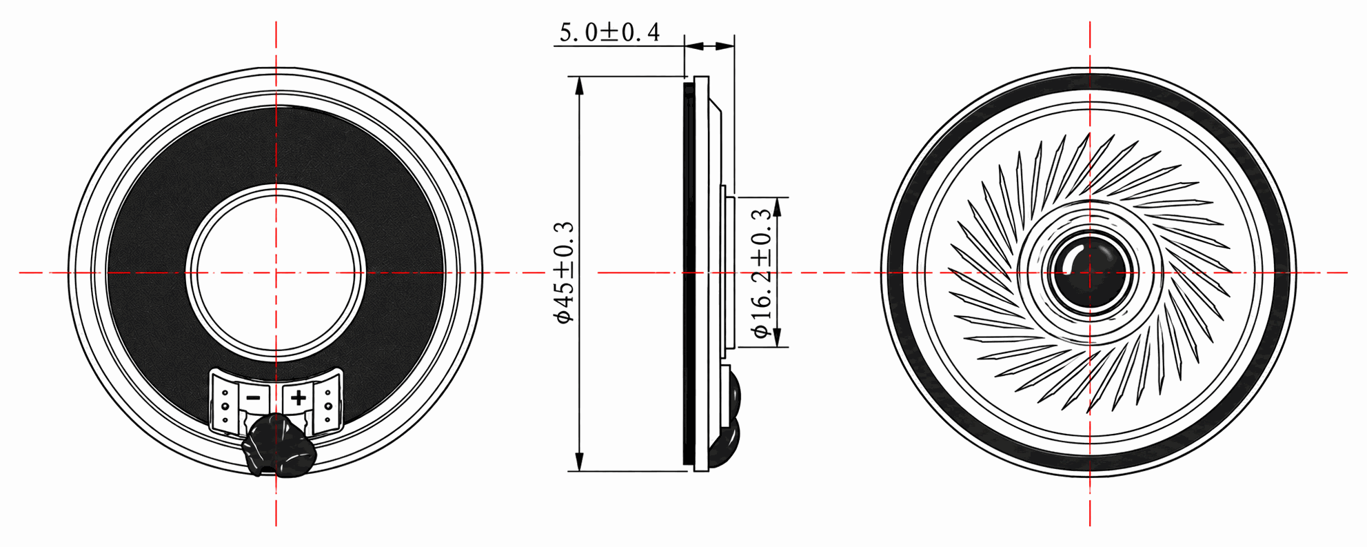 Ø45×5.0 mm 圆形动圈扬声器 JC-SPKD45-MF02-8R0P5W drawing
